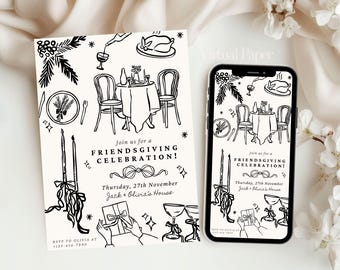 Op de afbeelding: Zwart-wit Friendsgiving-uitnodiging met illustraties van een eettafel, kaarsen en cadeaus. De tekst luidt "Join us for a Friendsgiving Celebration!" met de datum en namen van de gastheren.
