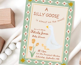 Silly Goose Baby Shower Invitation Template, Whimsical Mama Goose Baby Shower Invite, Editable Gender Neutral Baby Shower