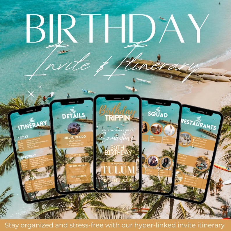 May include: A digital invitation and itinerary for a birthday trip to Tulum, Mexico, displayed on five smartphones. The screens show details, itinerary, squad, and restaurant information. The background features a beach scene with palm trees and ocean.
