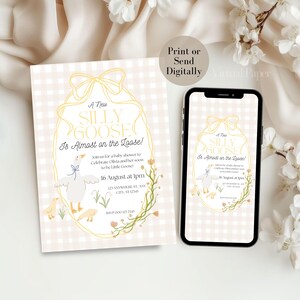 Silly Goose Baby Shower Invitation Template Mother Goose Baby Shower Invite Editable Gender Neutral Baby Shower Mobile Invite Yellow Gingham
