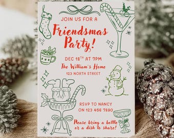 Friendsmas Christmas Party Invitation Template Whimsical Hand Drawn Festive Cocktail Xmas Holiday Invite, Cocktail Party, Friendsmas Invite