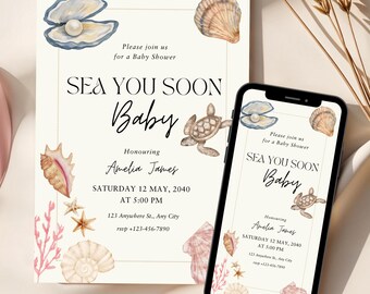 Sea You Soon Baby Shower Invitation, Editable Coastal Baby Shower Invite, Gender Neutral Beach Baby Shower Template, Seashell Invitation