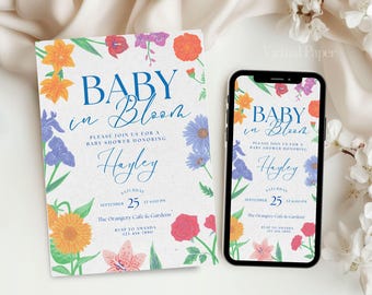 Convite para Chá de Bebê "Bebê em Flor", Modelo Editável para Chá de Bebê com Produtos Locais, Convite para Brunch "Bebê em Flor", Convite com Flores da Primavera