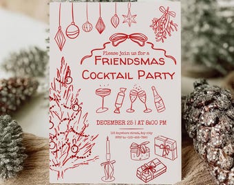 Puede incluir: Invitación a una fiesta de cóctel Friendsmas con ilustraciones rojas sobre un fondo crema. El diseño incluye un árbol de Navidad, adornos, copas de cóctel y cajas de regalo. El texto dice "Friendsmas Cocktail Party".