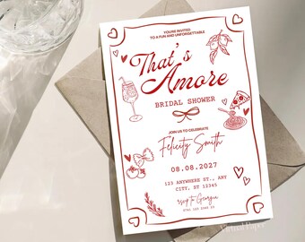 Convite editável para chá de panela "That's Amore", modelo "That's Amore", convite imprimível para despedida de solteira com tema italiano e design encantador feito à mão.