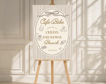 Cafe Bebe Welcome Sign, Coffee Baby Shower Sign, Baby Is Brewing Shower Decor, Neutral Brunch Sign, Editable Canva Template