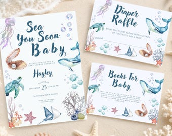 Sea You Soon Baby Shower Invitation Template, Editable Gender Neutral Under the Sea Baby Shower Invite, Books for Baby & Diaper Raffle