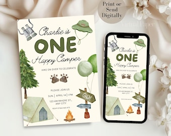 One Happy Camper Birthday Invitation Template, Camping 1st Birthday Invite Boy, Camping Birthday Party Theme, Digital Woodland Birthday Card
