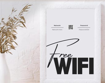 Plantilla editable para cartel de contraseña de wifi, cartel para escanear el código QR de wifi, cartel de bienvenida de Airbnb, cartel de bienvenida de wifi para anfitriones de Airbnb, póster de llegada de huéspedes
