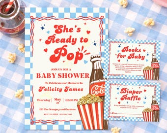She’s Ready to Pop Baby Shower Invitation Template Set, Retro Soda Pop Baby Shower Invite with Inserts, Cola Theme Canva Editable Invite