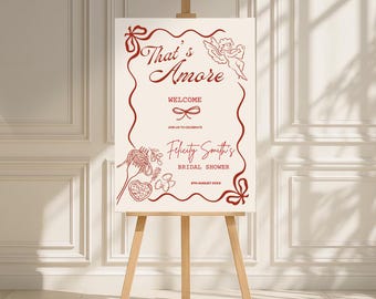 Placa de boas-vindas editável "That's Amore", decoração para chá de panela "That's Amore", festa de noivado com desenho à mão e toque lúdico, placa para despedida de solteira com tema italiano.