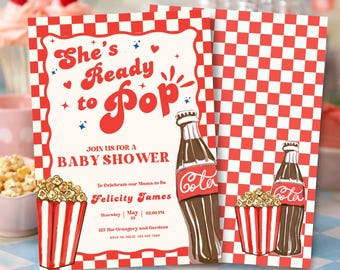 She’s Ready to Pop Baby Shower Invitation Template, Retro Soda Pop Baby Shower Invite, Cola Theme Canva Editable Invite
