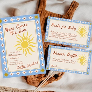 May include: Baby shower invitations and cards with a sun design. The invitation reads "Here Comes the Son" and includes details for Felicity Jones' baby shower. Cards include "Books for Baby" and "Diaper Raffle" requests, all with a blue and yellow color scheme.