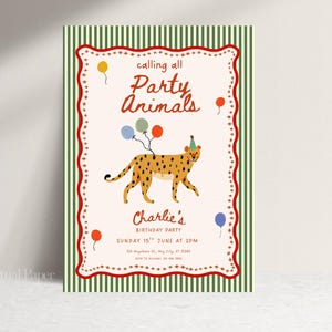 Calling all party animals invitation template with whimsical safari design, featuring a cheerful cheetah, colourful balloons, red wavy border and green vertical stripes, perfect for zoo birthday party or jungle themed kids celebration, editable printable Canva invitation