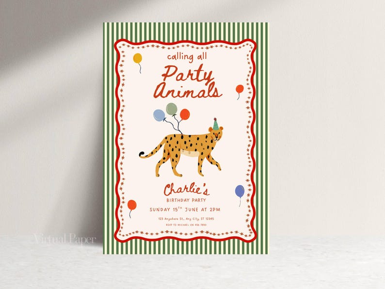 Calling all party animals invitation template with whimsical safari design, featuring a cheerful cheetah, colourful balloons, red wavy border and green vertical stripes, perfect for zoo birthday party or jungle themed kids celebration, editable printable Canva invitation