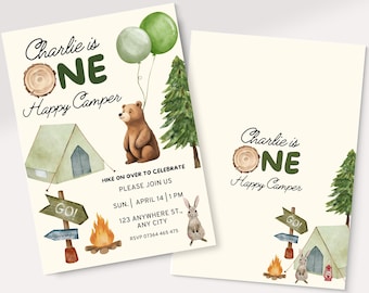 Plantilla de invitación de cumpleaños de un campista feliz, invitación de primer cumpleaños de camping para niño, tema de fiesta de cumpleaños de camping, tarjeta de cumpleaños digital de bosque