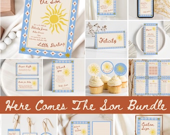 Here Comes the Son Baby Shower Bundle, Boho Sunshine Invitation Template Set, Editable Baby Shower decor and Games