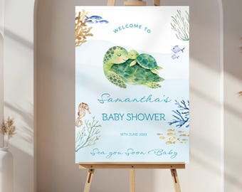 Sea You Soon Baby Shower Welcome Sign Template, Under the Sea Turtle Baby Shower Decor, Editable Coastal Welcome Poster, Ocean Theme Decor