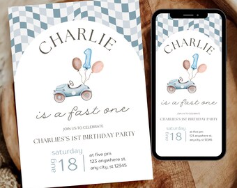 Fast One Birthday Invitation Template, Race Car First Birthday Invite for Boy, Vintage Racing Car 1st Birthday, Editable Mobile Invitation