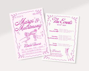 May include: Two pink bridal shower invitations with the text "Olivia's Margs & Matrimony" and "The Events". The invitations have a decorative border and include event details and RSVP information.