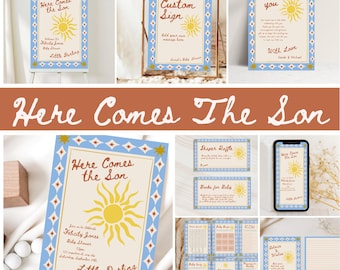 Here Comes the Son Baby Shower Bundle, Boho Sunshine Invitation Template Set, Editable Baby Shower decor and Games