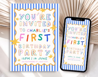 Its Fun To Be One First Birthday Invitation Mobile, Editable Boy 1st Birthday Digital Invite, One is Fun Kids Invite Editable Canva Template