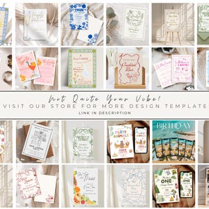 Puede incluir: Una colecci&oacute;n de plantillas de invitaciones y anuncios con varios dise&ntilde;os. Las plantillas incluyen ilustraciones de un sol, una copa de champ&aacute;n, flores y animales. El texto "Not Quite Your Vibe!" es visible, junto con una llamada a visitar la tienda.
