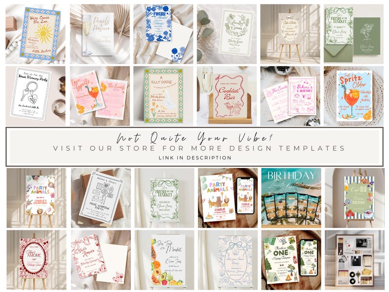 Puede incluir: Una colecci&oacute;n de plantillas de invitaciones y anuncios con varios dise&ntilde;os. Las plantillas incluyen ilustraciones de un sol, una copa de champ&aacute;n, flores y animales. El texto "Not Quite Your Vibe!" es visible, junto con una llamada a visitar la tienda.