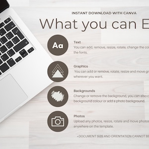 Puede incluir: Un teclado de port&aacute;til y un gr&aacute;fico con el texto "What you can Edit" e iconos para texto, gr&aacute;ficos, fondos y fotos. El texto explica las opciones de edici&oacute;n disponibles, incluyendo el cambio de colores y fuentes.