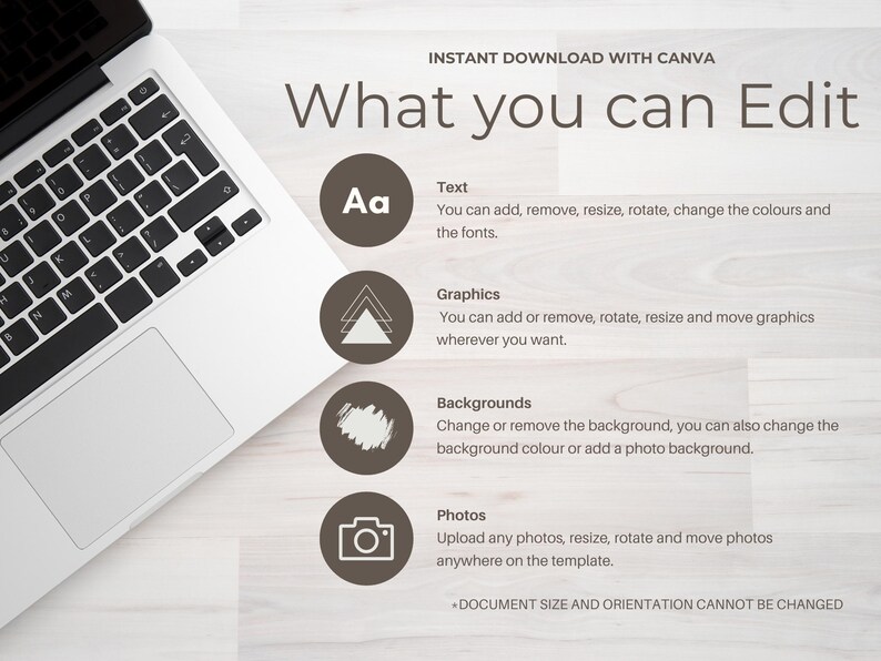 Puede incluir: Un teclado de port&aacute;til y un gr&aacute;fico con el texto "What you can Edit" e iconos para texto, gr&aacute;ficos, fondos y fotos. El texto explica las opciones de edici&oacute;n disponibles, incluyendo el cambio de colores y fuentes.