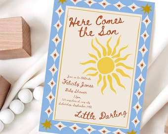 Here Comes the Son Baby Shower Invitation Template, Editable Here Comes the Son Digital Invite, Here Comes the Sun Boy Baby Shower Invite