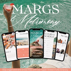 May include: A bachelorette party invitation with the text "MARGS & Matrimony" and "Bachelorette Weekend". The image shows several smartphones displaying itinerary details, with a hand holding a cocktail in the background.