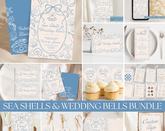 Seashells and Wedding Bells Bachelorette Bundle, One Shell of a Bride Beach Party Template Set,  Editable Bridal Shower Decor Canva