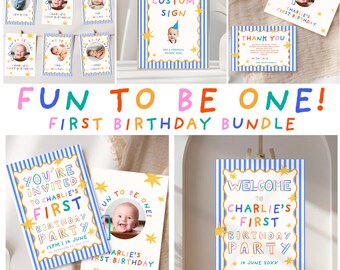 It’s Fun To Be One Birthday Bundle Template, Editable First Birthday Party Package, Colorful 1st Birthday Decor, Invitation & Milestone Set