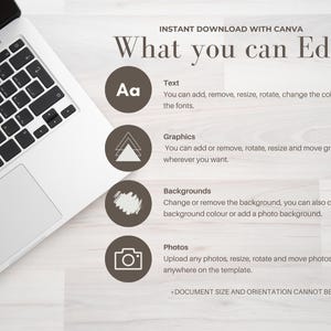 May include: A laptop keyboard and screen are visible on a light wood-grain surface. The image includes text that reads "INSTANT DOWNLOAD WITH CANVA" and "What you can Edit", with details on editing text, graphics, backgrounds, and photos.