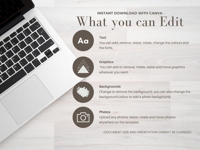 May include: A laptop keyboard and screen are visible on a light wood-grain surface. The image includes text that reads "INSTANT DOWNLOAD WITH CANVA" and "What you can Edit", with details on editing text, graphics, backgrounds, and photos.