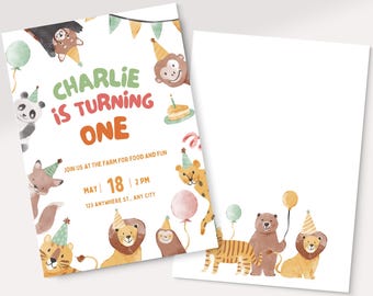 Calling All Party Animals Invitation Template, 1st birthday invitation, safari Party Animal Kids Birthday Invite,  Animals in Birthday Hats