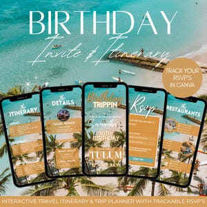 Könnte beinhalten: Fünf Smartphones zeigen eine digitale Vorlage für eine Geburtstagseinladung und einen Reiseplan vor einem tropischen Strandhintergrund. Die Bildschirme zeigen Text wie The Itinerary, The Details, Birthday Trippin, Rsvp und The Restaurants.