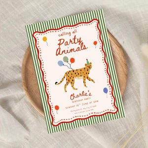 Jungle safari birthday invitation with cute cheetah illustration, party hat and balloons, set on a green striped background with red decorative frame, calling all party animals theme, ideal for kids birthday party, zoo animal party invitation template editable in Canva