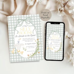 Silly Goose Baby Shower Invitation Template Mother Goose Baby Shower Invite Editable Gender Neutral Baby Shower Mobile Invite Green Gingham