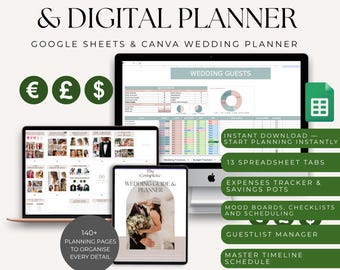 Google Sheets Wedding Planner Spreadsheet, Wedding Planner Book, Wedding Binder, Printable Wedding Planner Bundle