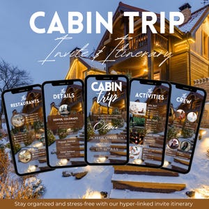 May include: A digital invitation and itinerary for a cabin trip, displayed on five smartphones. The screens show details like restaurants, activities, and the crew. The background features a snowy landscape and a cabin with lights.