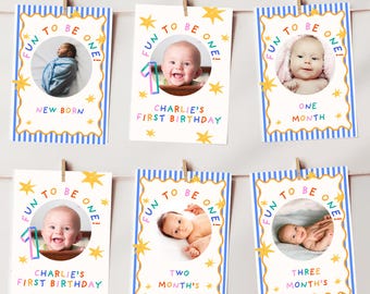 It's Fun To Be One First Birthday Photo Banner Template, Editable Baby's 1st Year Monthly Milestone Cards, Printable Modern Photo Garland