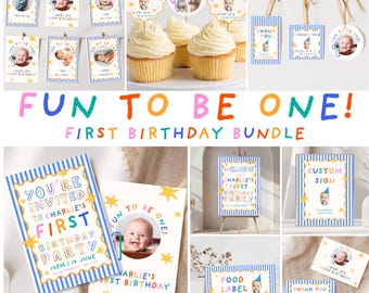 It’s Fun To Be One Birthday Bundle Template, Editable First Birthday Party Package, Colorful 1st Birthday Decor, Invitation & Milestone Set