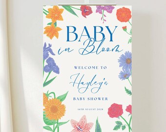Plantilla de cartel de bienvenida Baby In Bloom, decoración editable para baby shower Baby In Bloom, cartel para baby shower con temática de flores silvestres