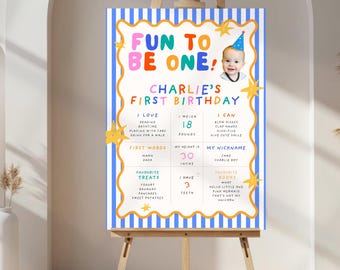 It’s Fun To Be One Milestone Sign Template, First Birthday Stats Board, Editable Milestone Poster, Fun To Be 1 Party Decor, First Year Board