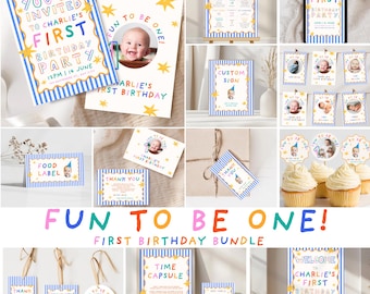 It’s Fun To Be One Birthday Bundle Template, Editable First Birthday Party Package, Colorful 1st Birthday Decor, Invitation & Milestone Set