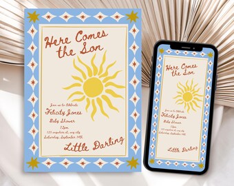 Here Comes the Son Evite, Baby Shower Template, Editable Here Comes the Son Digital Invite, Here Comes the Sun Boy Baby Shower Invite