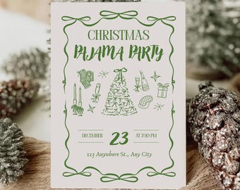 Kerstpyjamafeestje uitnodigen, comfortabel en gezellig vakantie Friendsmas pyjamafeest, meisjes kerstnacht in, bewerkbare Friendsmas-uitnodiging