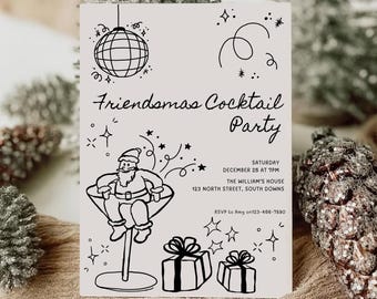 Friendsmas Christmas Cocktail Party Invitation Template, Whimsical Festive Cocktail Holiday Invite, Office Christmas Party